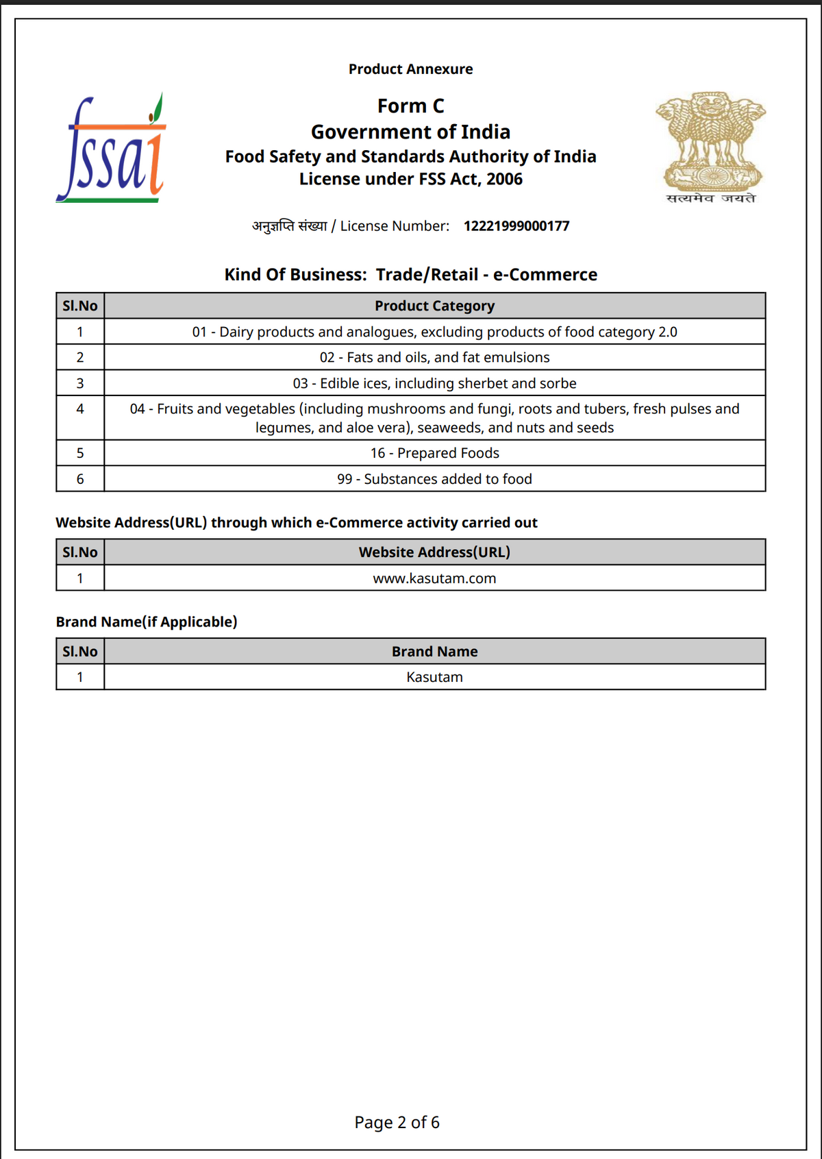FSSAI certificate page 2